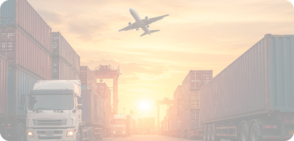 Logistics trucks and cargo airplanes at sunset